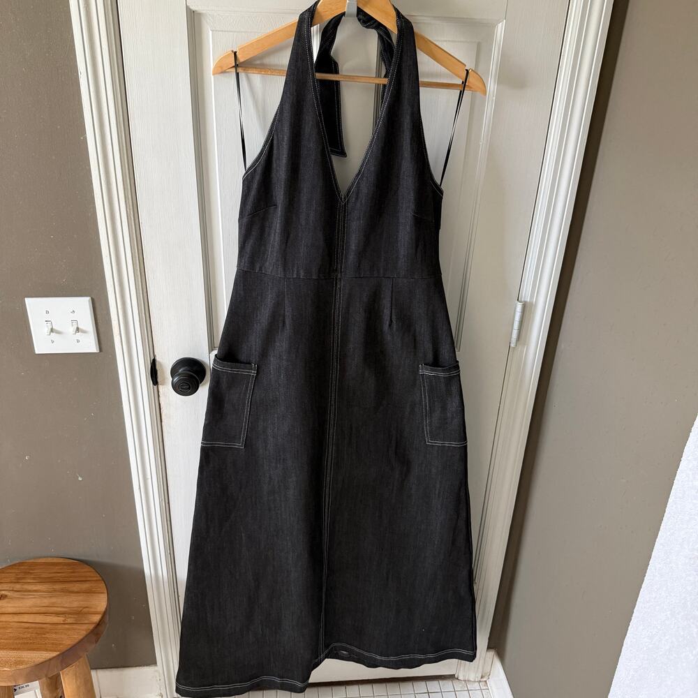 Sugarlips Sulema Black Denim Halter Maxi Dress V-Neck Open Back Stretch L NWT